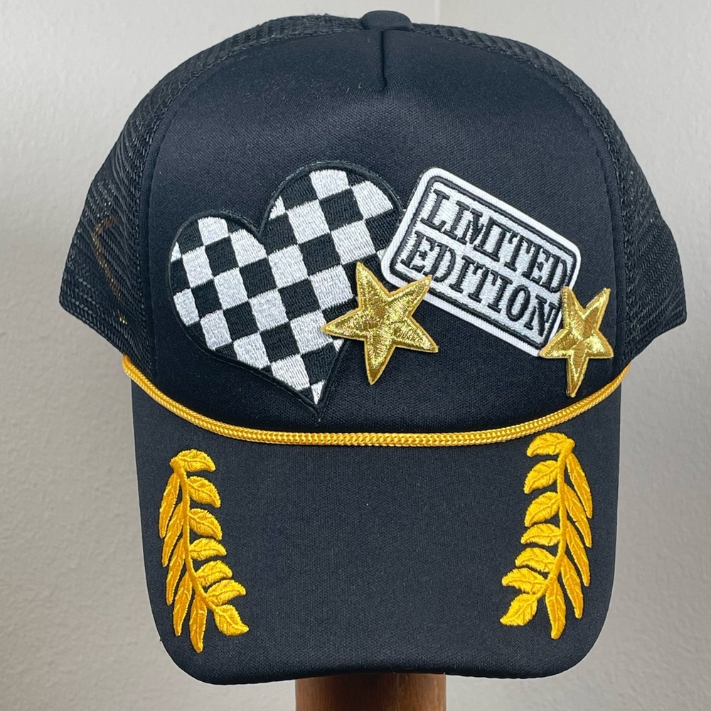 “Limited Edition” Snap Back Trucker Hat Cap Checkered Heart Gold Stars
